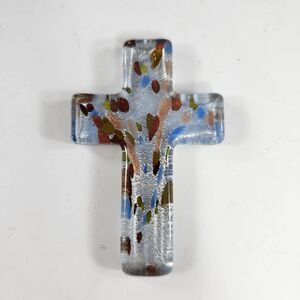 Fused Art Glass Cross Pendant Dichroic Jewelry Blue Silver Heart Accent Gift Box